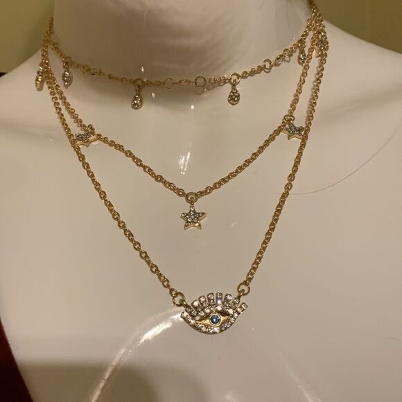 BoHo layered Crystal pendant goldtone choker - Picture 2 of 8